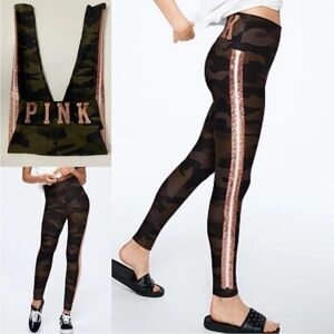 Victoria's Secret PINK Bling Legging Camo Green/Rose Gold Sequin Medium XS New